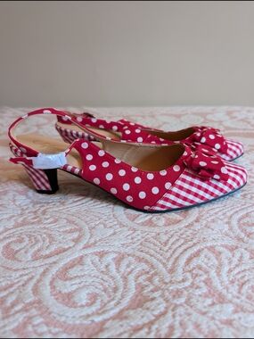 Red Polka Dot & Gingham Bow Slingback Heels